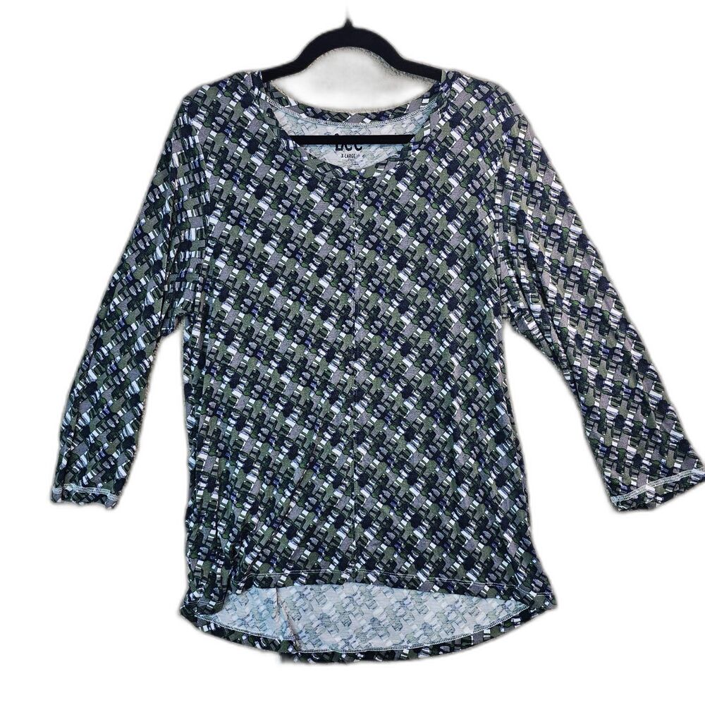 Lee Abstract Print 3/4 Sleeve Blouse XL Blue Green Lightweight Tunic Top - Picture 2 of 8